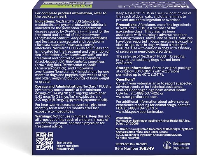 NexGard Plus (afoxolaner, moxidectin, and pyrantel) Flea and Tick Protection & Heartworm Preventive for Dogs Soft Beef Flavored Chewables, 8.1-17 lbs. (Green) 3 Chews (3 Month Supply)