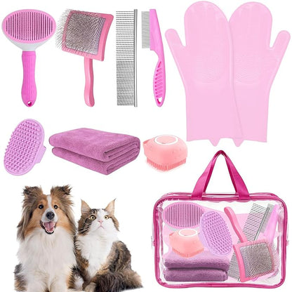 8PCS Dog Slicker Brush for Dogs Grooming Kit,Bath Grooming Kit for Pets,Hair Brush Set with Towel,Washing Gloves,Slicker Comb,and Shampoo Scrubber Brush for Small and Large Dogs and Cats Cats(Pink)