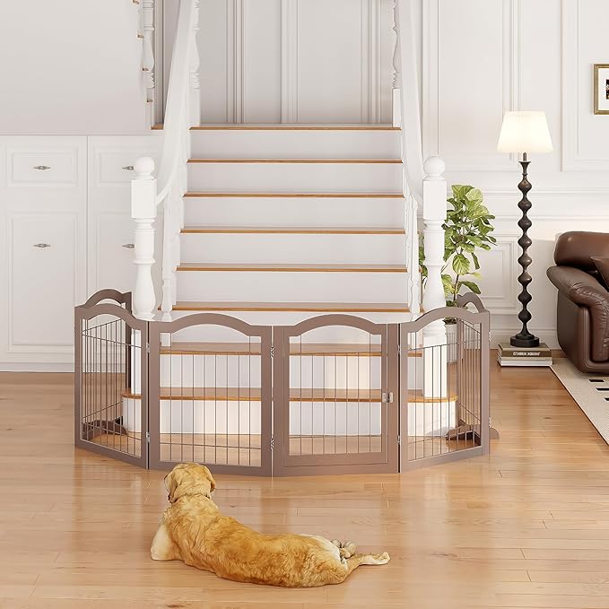 Vantas Folding No-Assembly Dog Door Pet Gate 144" Wide, 30" Tall Wooden Dog Gate with Door Walk Through, Freestanding Wire Pet Gate, Pet Puppy Safety Fence, with 2PCS Support – Espresso