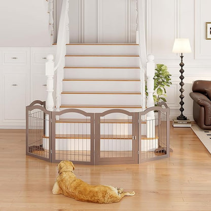 Vantas Folding No-Assembly Dog Door Pet Gate 144" Wide, 30" Tall Wooden Dog Gate with Door Walk Through, Freestanding Wire Pet Gate, Pet Puppy Safety Fence, with 2PCS Support – Espresso