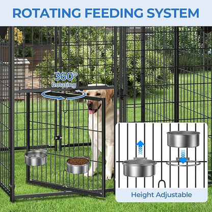4x4x4.5ft Outdoor Dog Kennel, Metal Heavy Duty Dog Run with Rotating Door & 2 Adjustable Bowls, Dog Kennel Outside with Waterproof Cover, Pet Enclosure Indoor for Small/Medium/Large Dogs