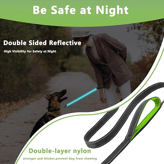Dog Leash 6ft Long, Double Handle Dog Leash for Safety Control Training, Heavy Duty Dog Leads with Traffic Padded Handles, Reflective Leashes for Small Medium Large Dogs(6ft, Black Green)
