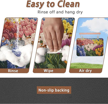 Tulip Lavender Pet Feeding Mat,Vintage Flower Fields Absorbent Quick-Dry Cat Dog Food and Water Bowl Mats,Non-Slip Rubber Backing Mat,Cat Dog Accessories Supplies 16"x24"
