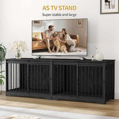 Hzuaneri 78" Dog Crate Furniture for 2 Dogs, Double Dog Cage with Divider, Wooden Heavy Duty Dogs Kennel, Pet Cage with Barn Door, TV Stand for Large Small Medium Pet, Black DFC83704B