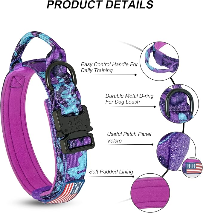 Hotsky Tactical Dog Collar and Leash Set, Heavy Duty Military Airtag Dog Collar with Handle and Metal Buckle for Training and Walking, with Airtag Holder and Two Patches (Purple Camo, L)