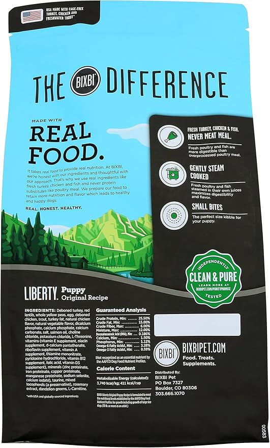 BIXBI Liberty Grain-Free Dry Dog Food, Original Recipe Puppy – Fresh Meat, High Protein, No Meat Meals – USA Made, 4 lbs