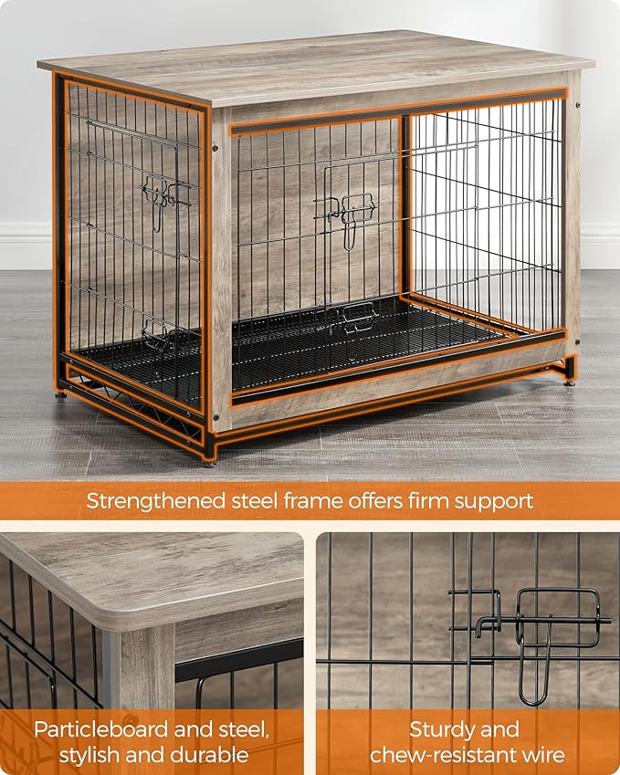 Feandrea 38.6" Dog Crate Furniture, Indoor Dog Cage Side End Table, XL Pet Wood Kennel for Large and Medium Dogs up to 70 lb with Multi-Purpose Removable Tray, Double-Door Pet House, Greige
