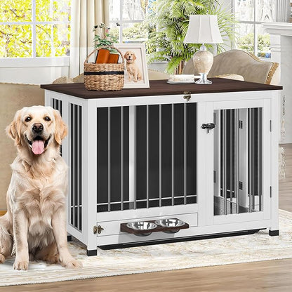 39.4" Dog Crate - Wooden Dog Cage Furniture with Removable Tray & 360° Rotating Feeder | Indoor Sturdy End Table for Medium & Large Dogs | Easy Assembly, White Dog Kennel for Living Room