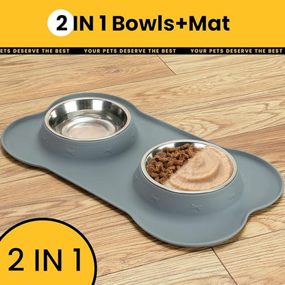 Conlun Dog Bowls with Non-Slip Silicone Mat, Spill Proof Large Food & Water Bowls Set, Easy Clean Dog Food Dish, Dishwasher Safe, Suitable for Dogs Cats Pet Under 90lbs, Large, Grey