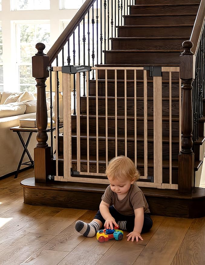 Babelio 29-48" Metal Baby Gate with Brown Wood Pattern, Auto Close Dog Gate PressGuard P7 for The House, Stairs and Doorways, Pressure Mounted Pet Gate with Door, Safety Gate for Child and Pets