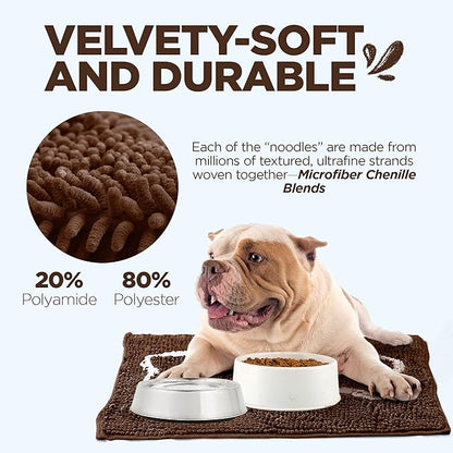 Soggy Doggy Slopmat Dog Food Mat – Absorbent Microfiber Chenille Pet Feeding Mat for Food & Water Bowls, Muddy Paws Small Doormat, Non-Slip, Machine Washable Rug – Chocolate/Oatmeal Bone, 18” x 24”