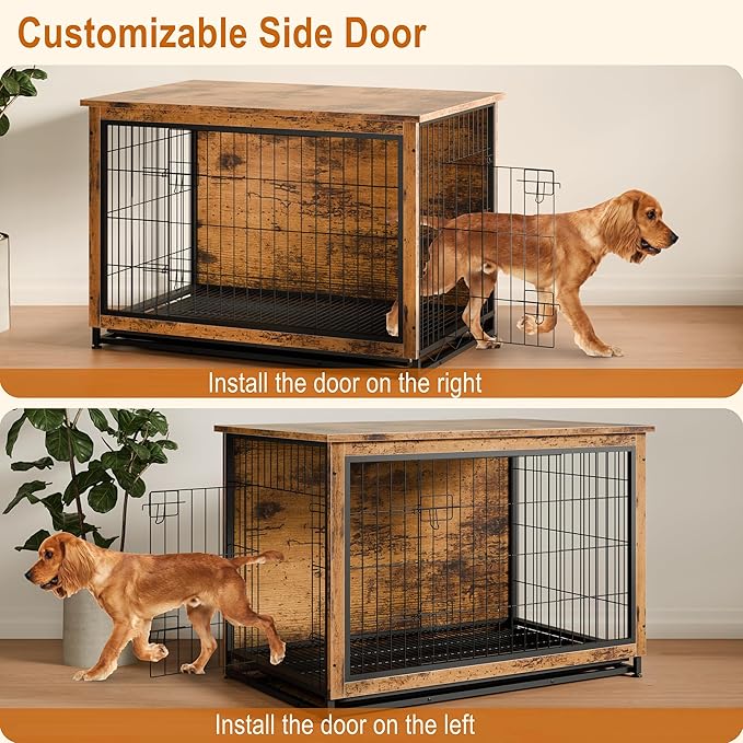 Vongrasig Dog Crate Furniture, Side End Table, Modern Wooden Kennel for Dogs Indoor, Heavy-Duty Dog Cage with Multi-Purpose Removable Tray, Double-Door Dog House, Rustic Brown