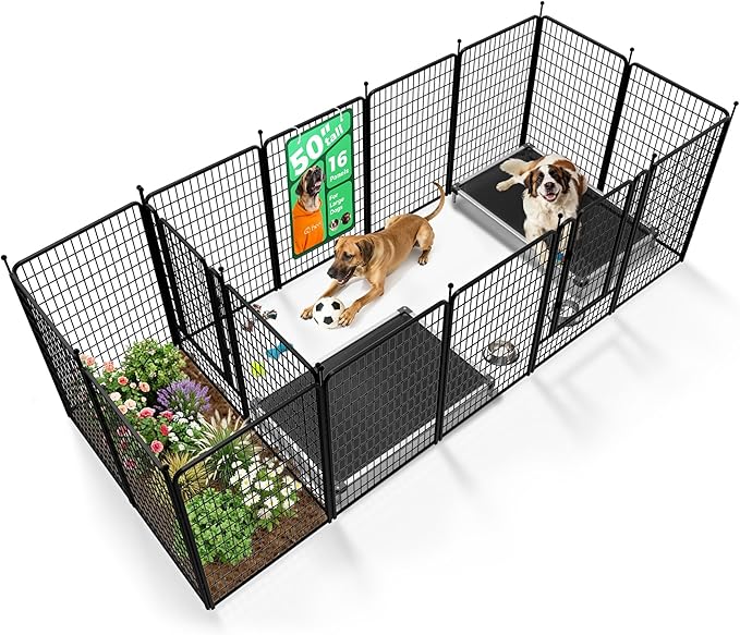 FXW Rollick Unleashed Dog Playpen for Indoor, Yard, RV Camping, 50 inch 16 Panels Dog Pen with Connectors (Pack of 2) for Large Dogs, Black│Patented