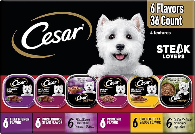 Cesar Wet Dog Food Steak Lovers Variety Pack, Adult, Wet Food for Dogs with Real Meat, 3.5 oz Easy Peel Trays, 36 Count