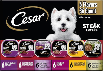 Cesar Wet Dog Food Steak Lovers Variety Pack, Adult, Wet Food for Dogs with Real Meat, 3.5 oz Easy Peel Trays, 36 Count