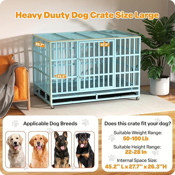 Hiwokk 48 Inch Heavy Duty Dog Crate, Indestructible Escape-Proof Dog Kennel for High Anxiety Large Dogs, Strong Metal Pet Cage with Double Doors, Lockable Wheels & Removable Tray, XL XXL XXXL