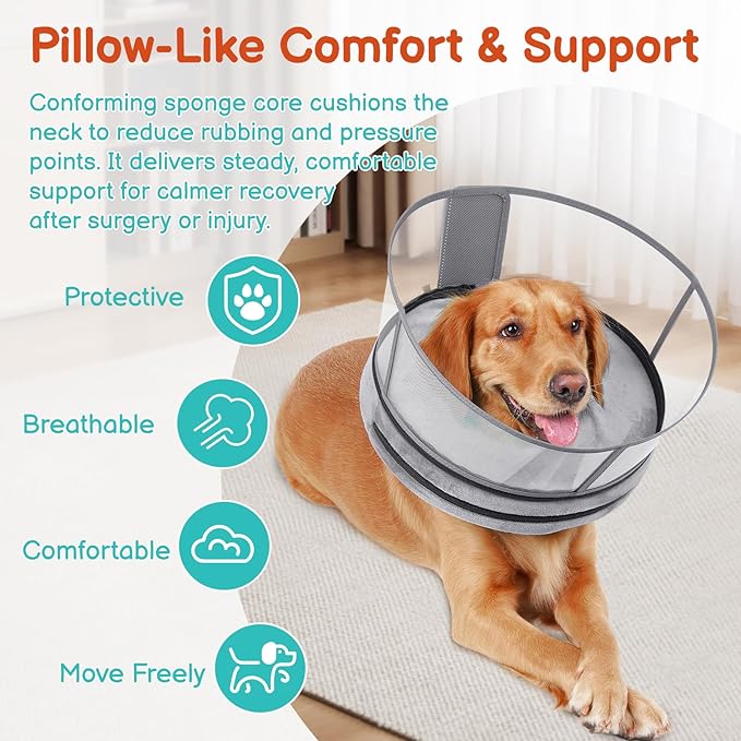 Sponge Dog Cone After Surgery, No Inflation Required Dog Donut Collar to Stop Licking, Inflatable Cone Alternatives for Medium Pets, Soft Recovery Collar with Protective Shield (Grey, S)