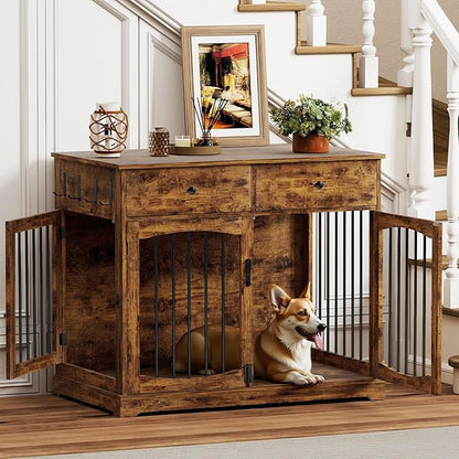 Dog Crate Furniture, Wooden Dog Kennel Furniture, Heavy-Duty Dog Crate End Table with Storage Drawers, Double Doors Decorative Pet Cage House Indoor for Small Medium Dog, 40Inch, Rustic Brown