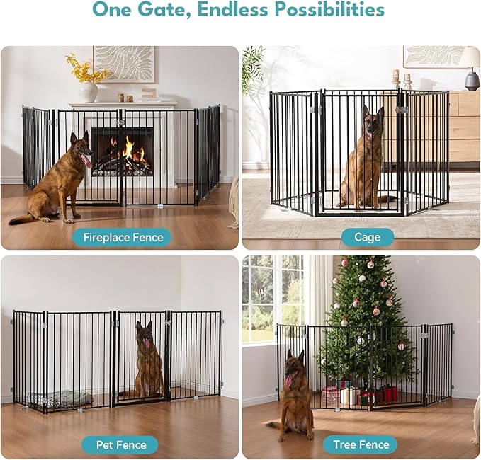 No Pawblems Free Standing Dog Gate with Door, 36'' Tall Foldable Dog Fence for Indoor & Outdoor, Up to 156 Inch Extra Wide Puppy Gate for Stairs, Hallways, Doorways, Deck, Yard (Black, 6 Panels)