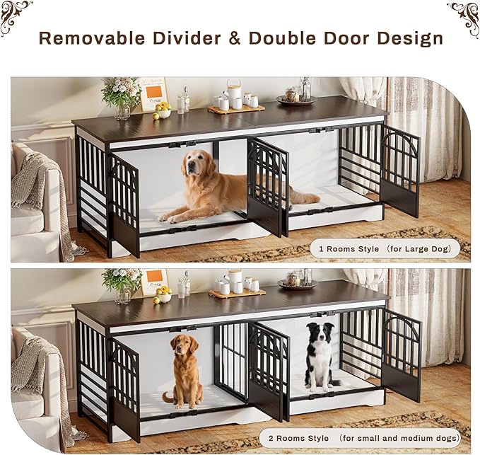 COZPAW 86 Inch Double Dog Crate Furniture, Extra Large Dog Kennel Indoor for 2 Dogs, Heavy Duty Dog Cage with Divider, Wooden Dog House Decorative Table TV Stand for XLarge Dogs (White&Brown)