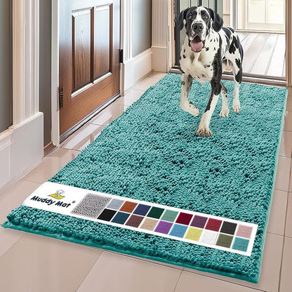 Muddy Mat® | Super Absorbent Door Mat Indoor, Microfiber Quick Dry Chenille Entryway Rug, Non-Slip Front Door Mat, Indoor Mats for Entryway, Machine Washable Pet Rug, Teal 36" x 120"