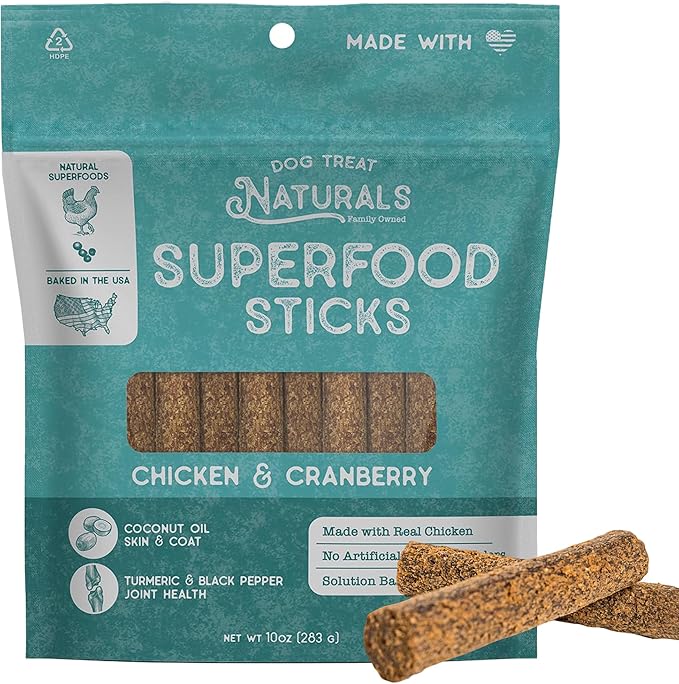 Dog Treat Naturals Superfood Sticks, Chicken & Cranberry, 10oz Bag | Dog Chew Sticks | All-Natural, Pet Training Treats | Joint-Skin-Coat Health | USA Made