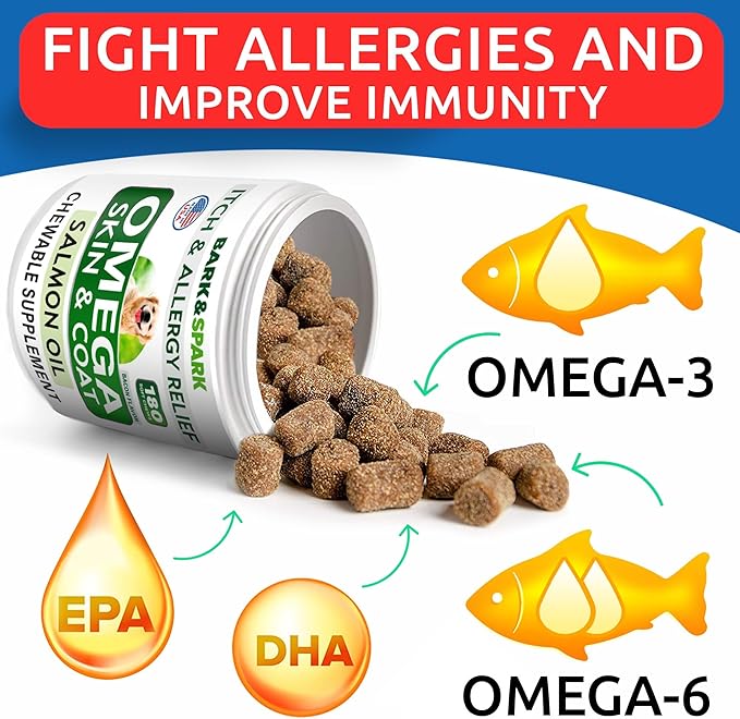 Omega 3 for Dogs and Cats - 180 Fish Oil Treats for Dog Shedding, Skin Allergy, Itch Relief, Hot Spots Treatment - Joint Health - Skin and Coat Supplement - EPA & DHA Fatty Acids - Salmon Oil - Bacon