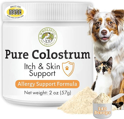 Wholistic Pet Organics Colostrum for Dogs & Cats - Bovine Colostrum Powder - Cat & Dog Allergy Relief, Immune Support & Itching Skin Relief - Cat and Dog Vitamins for Itchy Skin - 2 oz - 140 Scoops