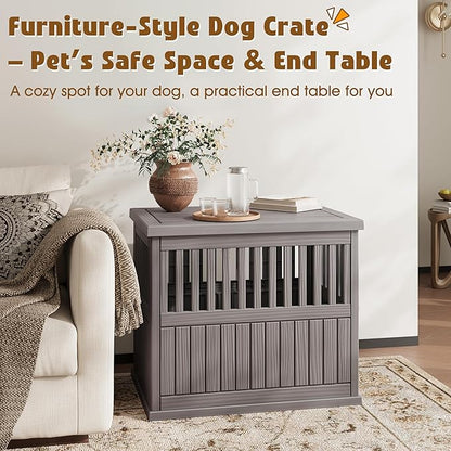 Bifanuo Dog House 30-Inch Dog Crate Furniture, Heavy Duty Dog Crate for Small Dog, Lockable Indoor Outdoor Dog Kennel & End Table, Decorative Plastic Pet Cage (Grey)