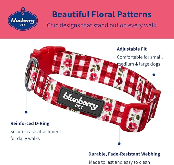 Blueberry Pet Spring Scent Inspired Dainty Flower Dog Collar, Red Check, Adjustable Dog Collar for Small Dogs, Size Small, Neck 12-16"