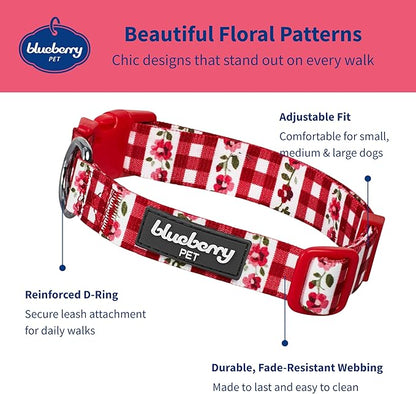 Blueberry Pet Spring Scent Inspired Dainty Flower Dog Collar, Red Check, Adjustable Dog Collar for Small Dogs, Size Small, Neck 12-16"