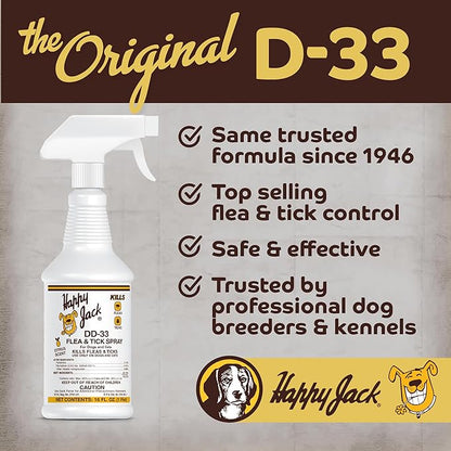 Happy Jack DD-33 (EPARN 2781-41) Flea and Tick Spray for Dog and Cat, Flea Treatment & Control, Water-Based Formula Kills Fleas & Ticks Effectively Yet Gentle on Skin & Hair, 16 oz
