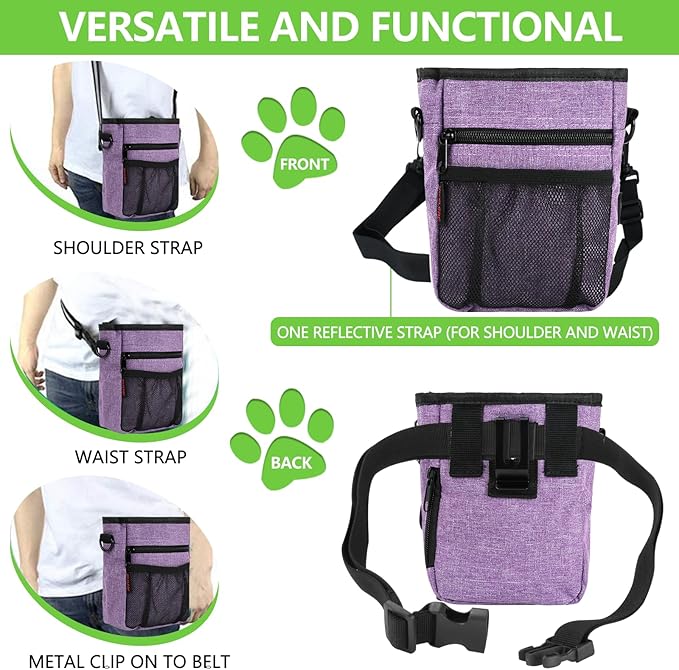 kissleaf Dog Treat Pouches for Pet Training with Magnetic Closure Treat Pouches for Pet Training,Large Dog Treat Training Pouch and Dog Clicker,Training Treat Pouch Built-In Poop Bag Dispenser-Purple.