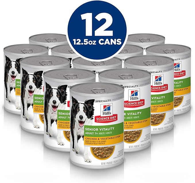 Hill's Science Diet Adult 7+ Senior Vitality Wet Dog Food, Chicken & Vegetable Stew, 12.5 oz. Cans, 12-Pack