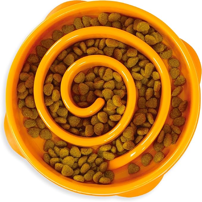 Outward Hound Fun Feeder Slo Bowl – Medium 2‑Cup Capacity, Slow Feeding, Small to Medium Dogs & Cats, Non-Slip, Orange, Swirl Pattern