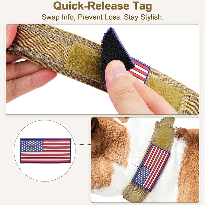 KCUCOP Tactical Dog Collar for Medium & Large Dogs - Military Nylon Heavy Duty Collar with Handle, Reflective Strip & Metal Buckle for Training, Outdoor (Brown Reflective, XLarge)