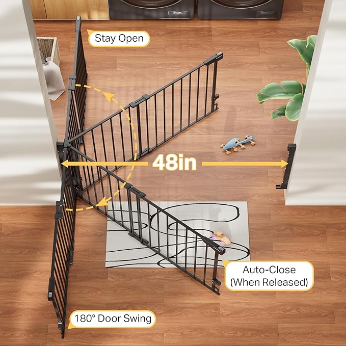 Cumbor Expandable 31.6-48" Baby Gate for Stairs, Wall-Mounted, 2-in-1 No Bottom Bar Dog Gate Indoor, Pet Gate for Doorways with Large Walk Thru Door, Child-Proof Safety Gate for Kids (Black)