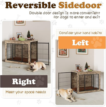 Dog Crate Furniture with Thick Cushion, Side End Table Wooden Dog Cage with Double Doors, Chew-Resistant Dog Kennel Dog House Indoor for Small to Large Dog