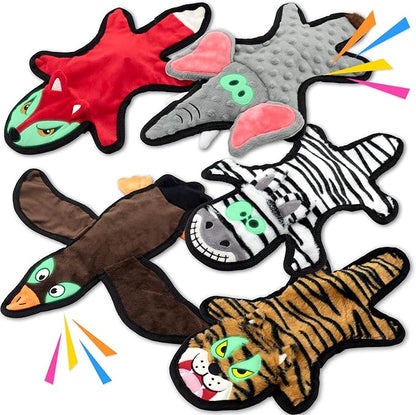LECHONG No Stuffing Dog Squeaky Toys, Glowing Eyes Crinkle Plush Puppy Toys for Teething Chewing, 5pcs Flat Tough Dog Toys Set for Large Medium Small Dogs to Keep Them Busy