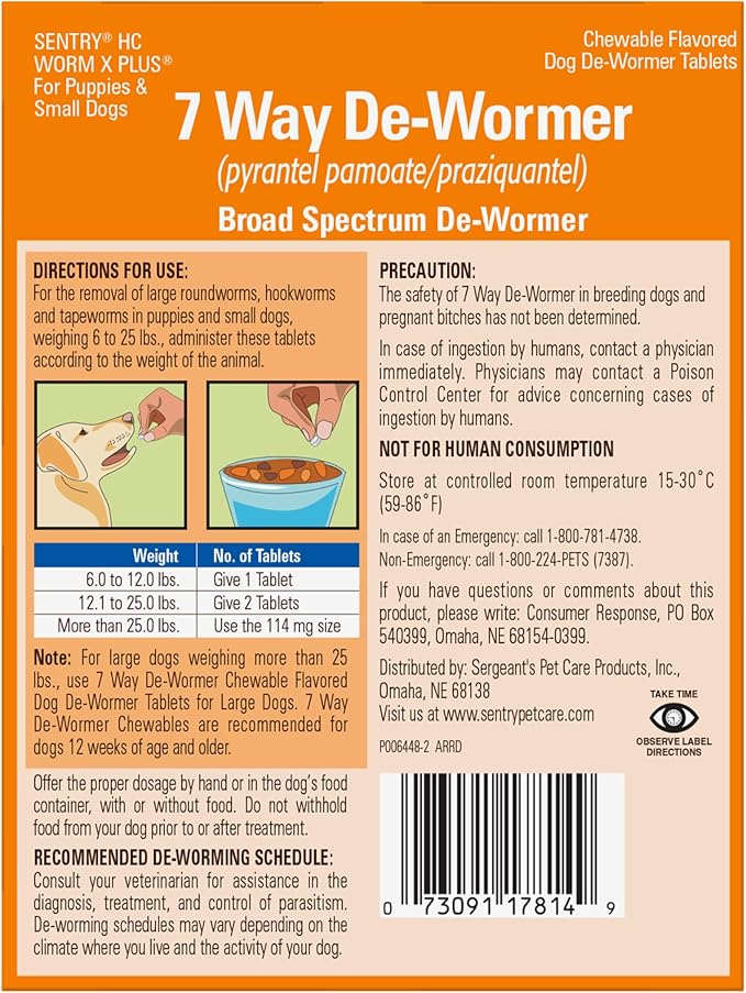 WORM X PLUS 7 Way De-Wormer Chewables for Dogs - Tablets for Small Dogs & Puppies (6-25 lbs) (pyrantel pamoate/praziquantel), 6 Count