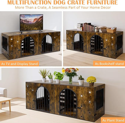63" Dog Crate Furniture for 1 or 2 Dogs, Heavy Duty Single/Double Dog Kennel with Bowls, Farmhouse Wood Metal Dog Cage for Small/Medium/Large Dogs, Brown