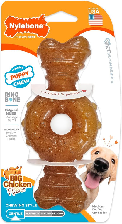 Nylabone Ring Bone Puppy Chew Toy for Puppies, Soothing Teething Toys for Puppies, Puppy Enrichment Toys, Long Lasting Chicken Flavor, For Medium Dogs - Up to 35 lbs, 1 Count