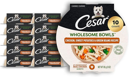 Cesar Wholesome Bowls Adult Wet Dog Food, Chicken, Sweet Potato & Green Beans Recipe, Wet Food for Dogs, 3 Oz. Bowls, 10 Count