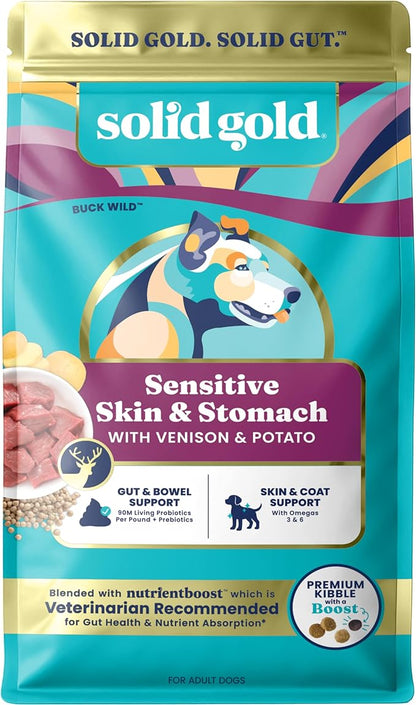 Solid Gold Dry Dog Food for Sensitive Stomachs - Grain Free & Gluten Free w/Venison, Pumpkin & Probiotics for Gut Health & Digestion - Sensitive Stomach Dog Food for All Ages - Nutrientboost – 22LB