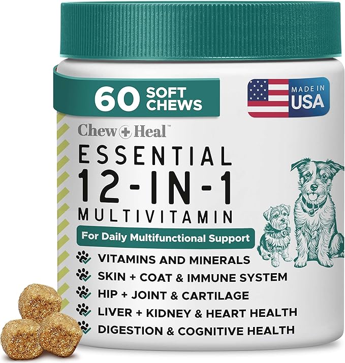 Dog Multivitamin Chewable - Chew + Heal 12-in-1, 60 Ct, Puppy & Senior Dog Vitamins & Supplements for Hip & Joint, Skin & Coat, Immune Support with Glucosamine, Omega 3,6,9, Probiotics, Chicken Flavor