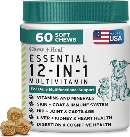 Dog Multivitamin Chewable - Chew + Heal 12-in-1, 60 Ct, Puppy & Senior Dog Vitamins & Supplements for Hip & Joint, Skin & Coat, Immune Support with Glucosamine, Omega 3,6,9, Probiotics, Chicken Flavor