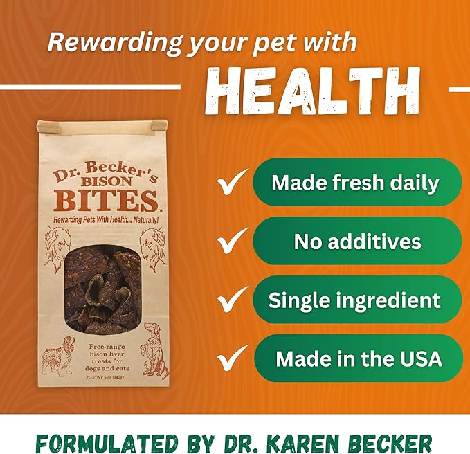 Dr. Becker's Bison Bites | 100% Pure Meat Protein | Grain Free Liver Training Treats for Dogs & Cats, 5 oz