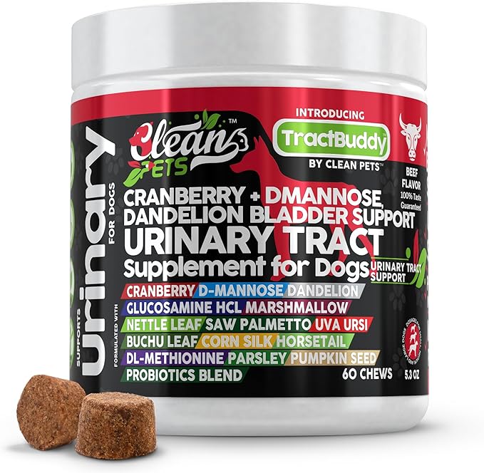 Clean Pets Cranberry for Dogs Urinary Tract Support | D-Mannose UTI Bladder Stones Dandelion Glucosamine HCL Marshmallow Nettle Leaf Saw Palmetto Uva Ursi Buchu Horsetail Methionine Parsley Supplement