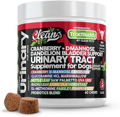 Clean Pets Cranberry for Dogs Urinary Tract Support | D-Mannose UTI Bladder Stones Dandelion Glucosamine HCL Marshmallow Nettle Leaf Saw Palmetto Uva Ursi Buchu Horsetail Methionine Parsley Supplement
