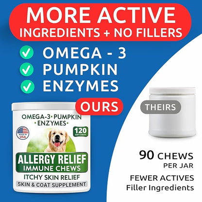 BARK&SPARK Dog Allergy Relief Soft Chews for Skin Health & Seasonal Allergies - Anti-Itch Supplement w/Omega-3, Quercetin & Bromelain Immune Treats for Dry Skin & Hot Spots - Chicken - 240ct